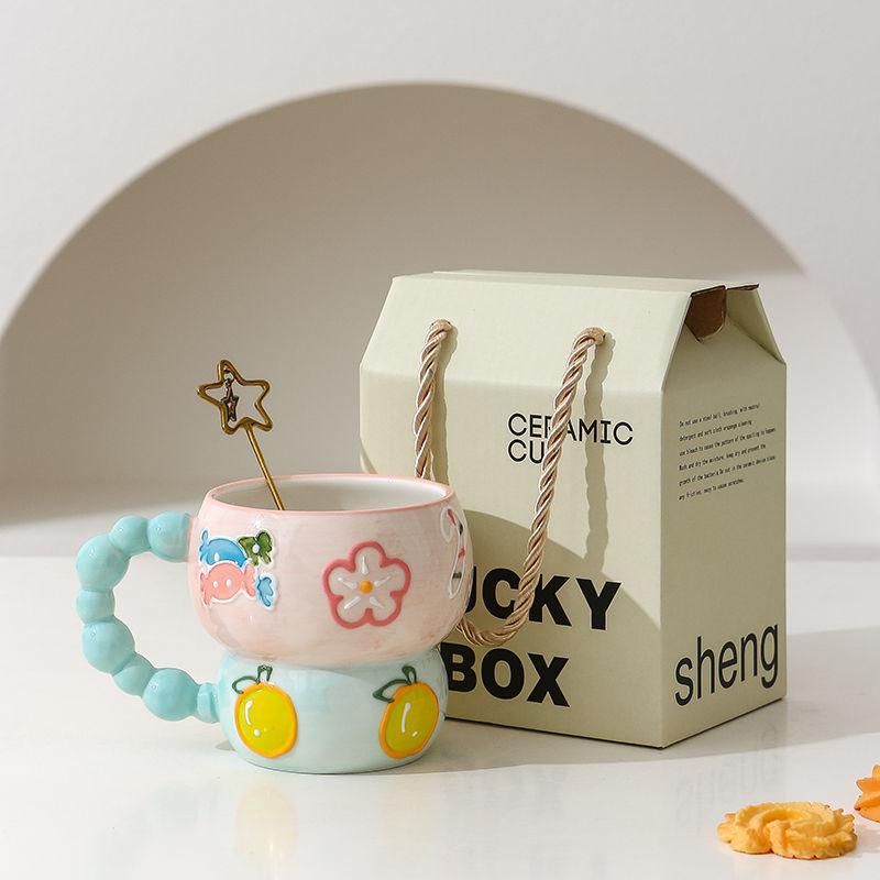 Hand-painted Relief Gourd Ceramic Cup Aesthetic Value, Breakfast Large Capacity, Cute Oatmeal Mug, Home Drinking Wate Drinkware