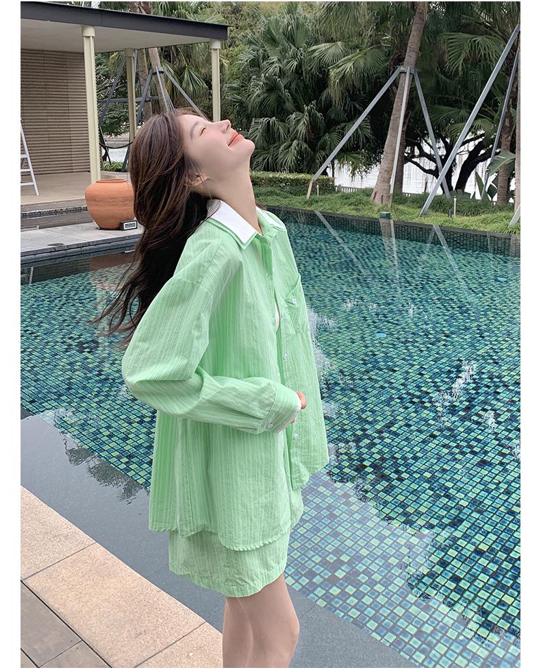 Spring/Summer Color Block Shirt & Elastic Waistband Shorts Set for Women