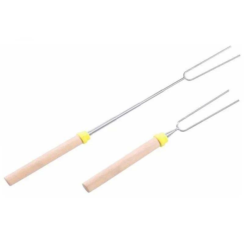 Kitchen Household Stainless Steel Grill Skewers Barbecue Hot Dog Fork Extension-type Roasting Tool Telescopic BBQ Fork Supplies