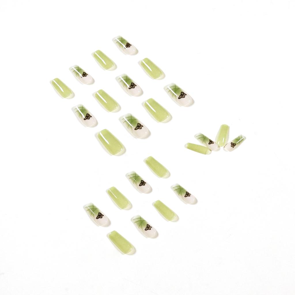 Iced Matcha Green Butterfly Long Nail Patch False Nail Removable Nail Patch Wearing Nail Patch Factory Sales