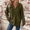 Women's Fashion Long-Sleeved Drawstring Button-Up V-Neck Casual Fleece-Lined Solid-Colour Hooded Sweatshirt Top