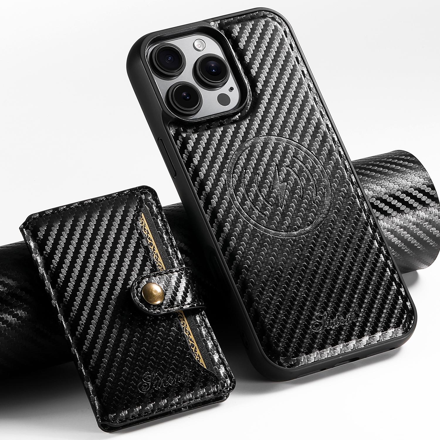 

SUTENI H20 For iPhone 16 Pro Magnetic Case Carbon Fiber Texture Phone Back Cover with Detachable Card Holder A