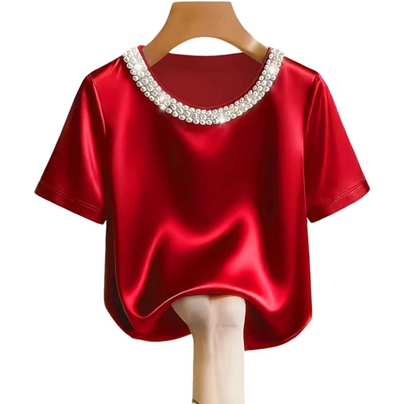 

Женская атласная рубашка с коротким рукавом и круглым вырезом, топ с жемчугом S