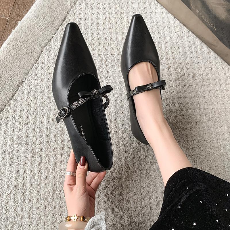 Fashion French Single Shoes Women 2025 Europe Station New Metal Bow Flat Block Heel Comfortable Pointed Toe Shoes