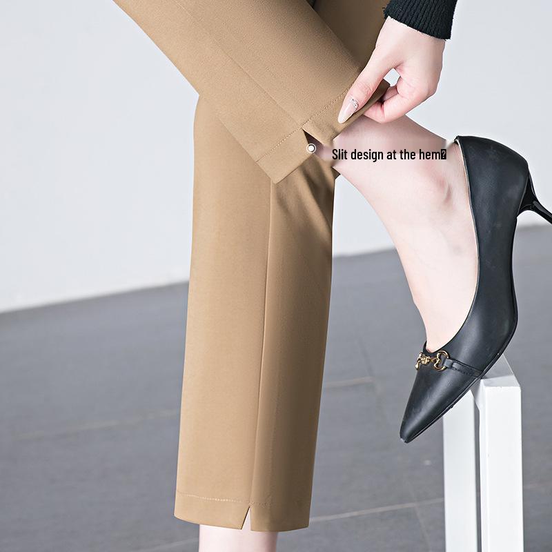 Petite High-Waist Straight-Leg Stretch Pants for Women - Slimming Nine-Point Length, Ideal for Spring and Autumn