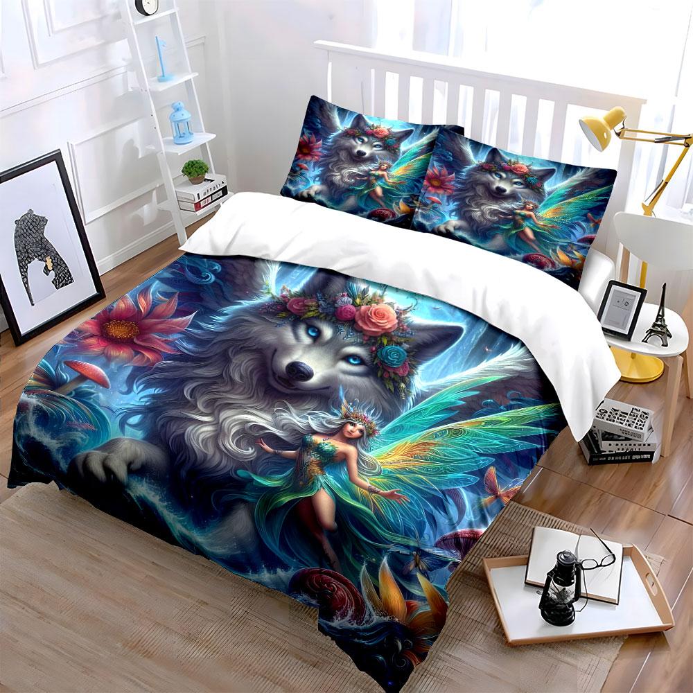 "Fantasy Fairy Animal Art Decor" Bedding Set with 1 Duvet Cover 2 Pillowcases Single Double King Queen, Gift