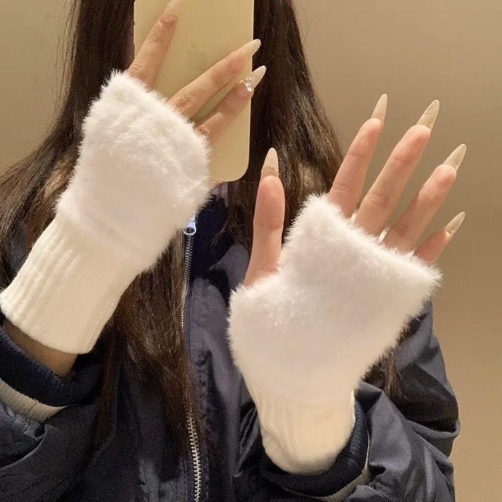 Soft Winter Half Finger Gloves Women Warm Luxury Solid White Plush Knitted Fingerless Gloves Wrist Mittens