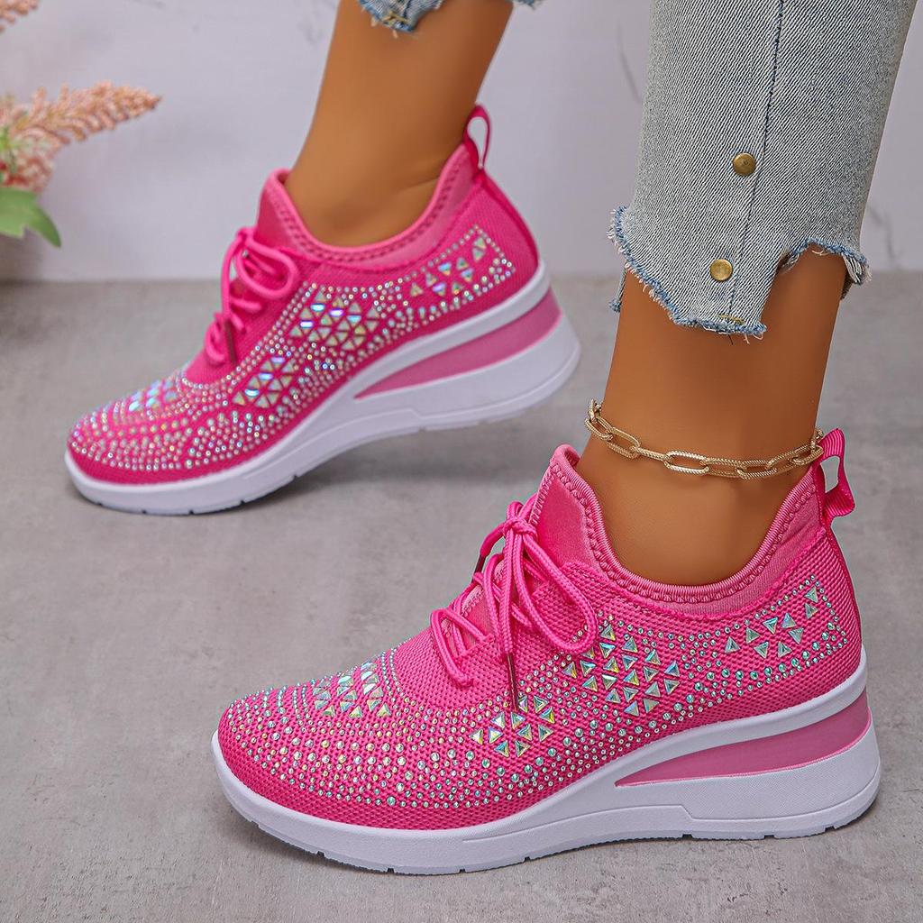 Damen Glitzernde Strass Dicke Sohle Sneaker - Atmungsaktives Strickgewebe, Rutschfeste Mode-Sneaker mit Schnürverschluss, Lässige Bequeme Schuhe