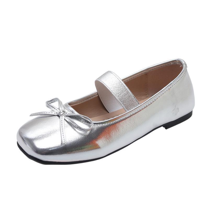 Fashion Fashion Bow Mary Jane Flat Shoes for Women Spring New Design Soft Sole Ballet Single Shoes Woman Elegant Silver Leather Flats