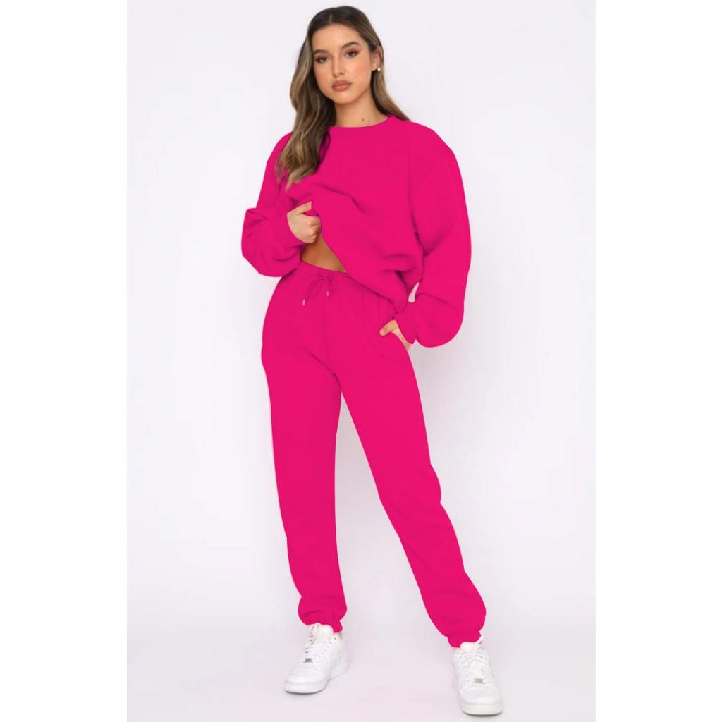 Autumn and Winter Solid Color Round Neck Pullover Long Pants Women's Fashion Casual Long Sleeved Sweatshirt Set