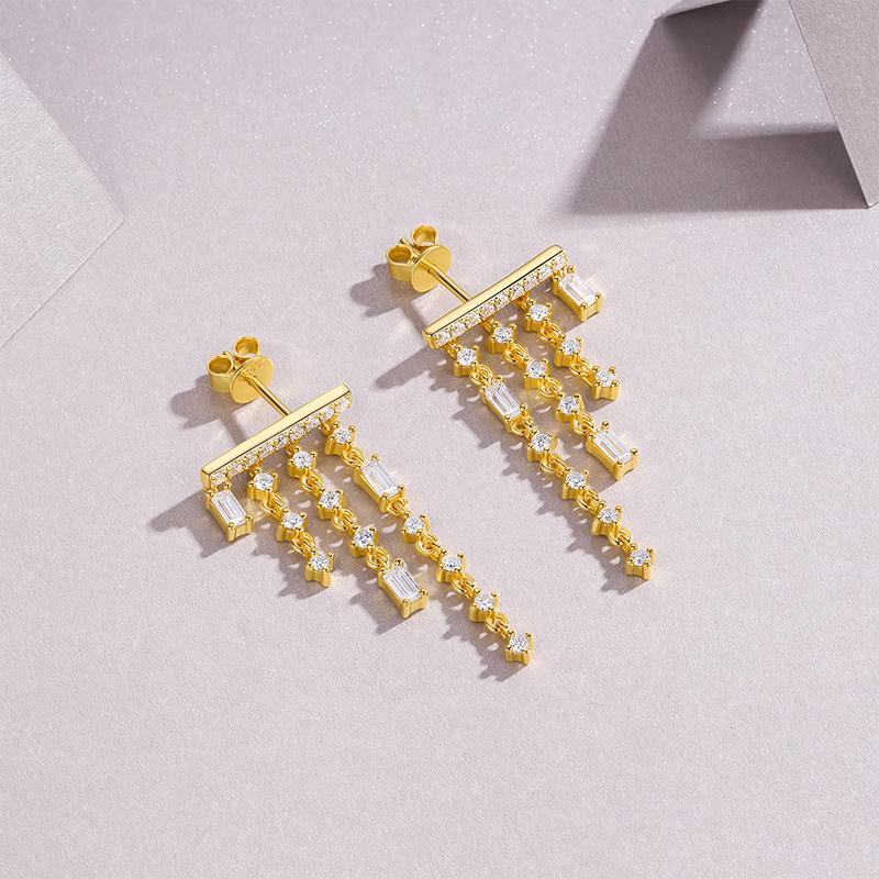 Bar Top Linear Dangle Earring with Graduated Chain Tassel 18K Gold Plated S925 Silver for Evening Party  Moissanite Earring