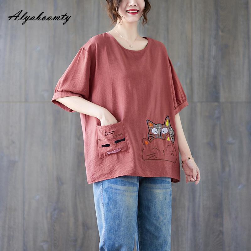 Korean Style Plus Size Summer Women Ramie Top O Neck White Black Blue Casual Loose T-Shirt Cartoon Embroidery Oversized Ladies' Tee