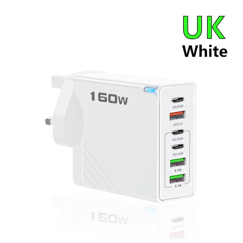 6-in-1 Multi-Port Charger: 3-Socket & 3-USB, 5V/3.1A, 160W, EU/US/UK Plug Adapter