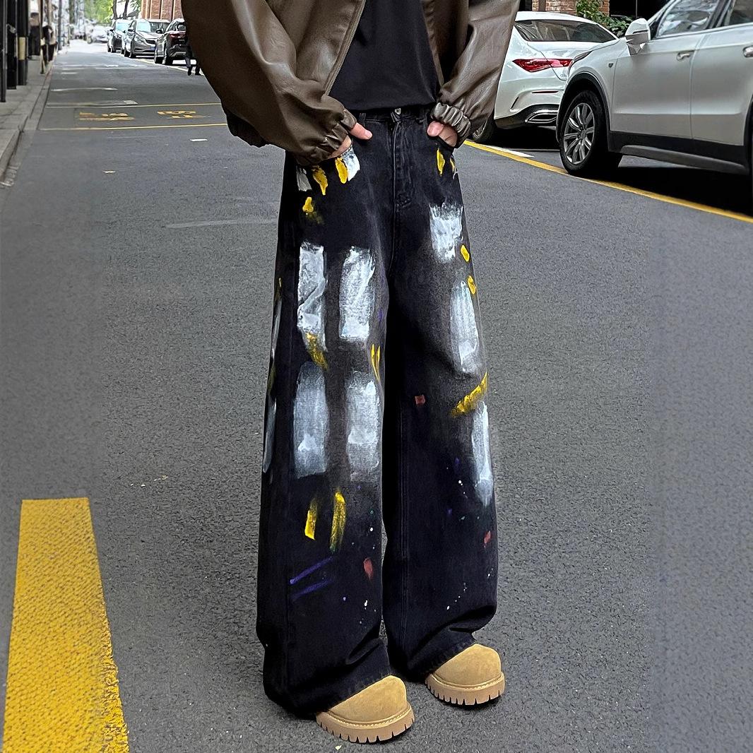 

Unisex Retro High-Waisted Wide-Leg Graffiti Jeans - Petite Flared Autumn/Winter Casual Pants M чорний