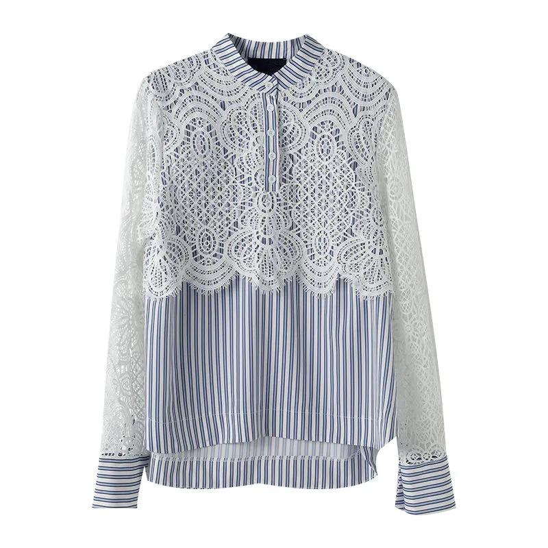 

Women s Spring and Autumn Lace Splicing Striped Long Sleeve Shirt Loose Aging Personalized Top 3XL