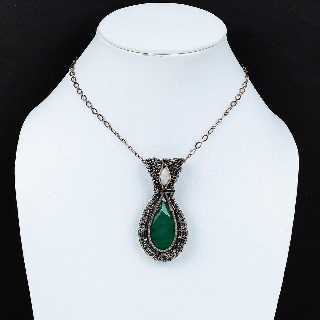 Emerald & Moonstone Pendant, 999 Copper Wire Wrapped Pendant Gemstone Jewelry, Handmade Pendant Amazing Jewelry, Gift For Her