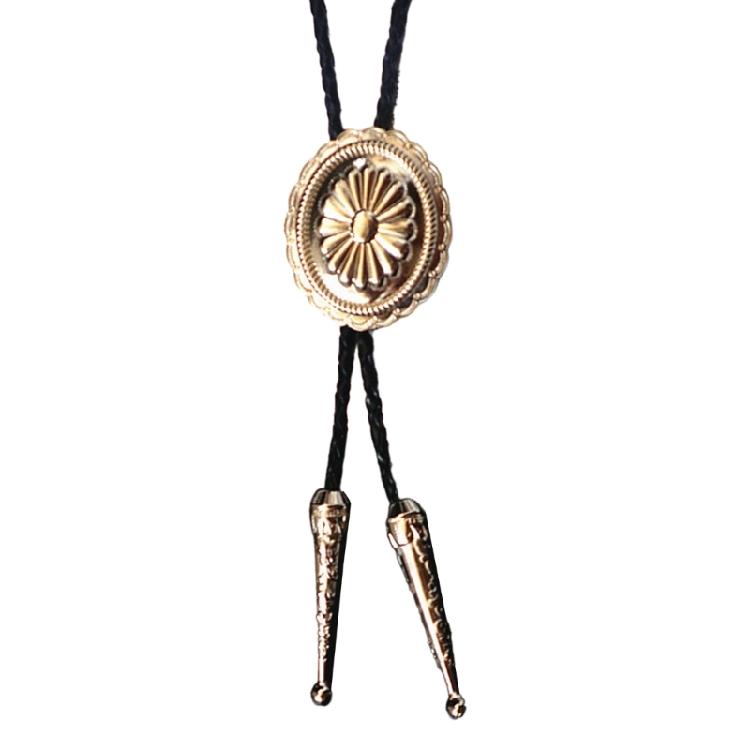 Western Cowboy Vintage Metal Flower Bolo Tie Adjustable Braided Rope Necktie Feathered Pendant Charm Jewelry Necklace