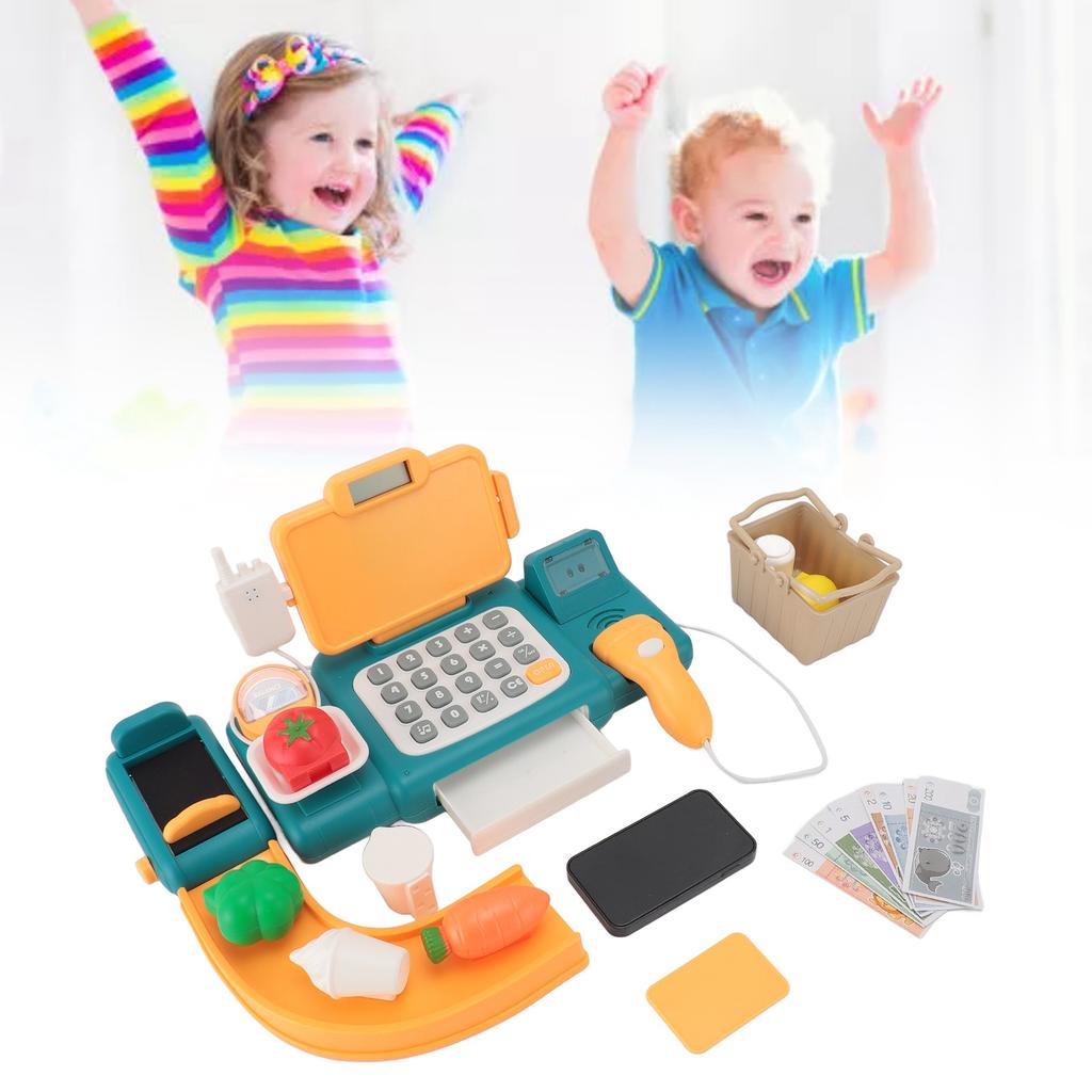 Cash Register Toy for Kids with Checkout Scanner Play Food Set Play Calculator Credit Card Rder Voice Broadcast Pretend Cash Register