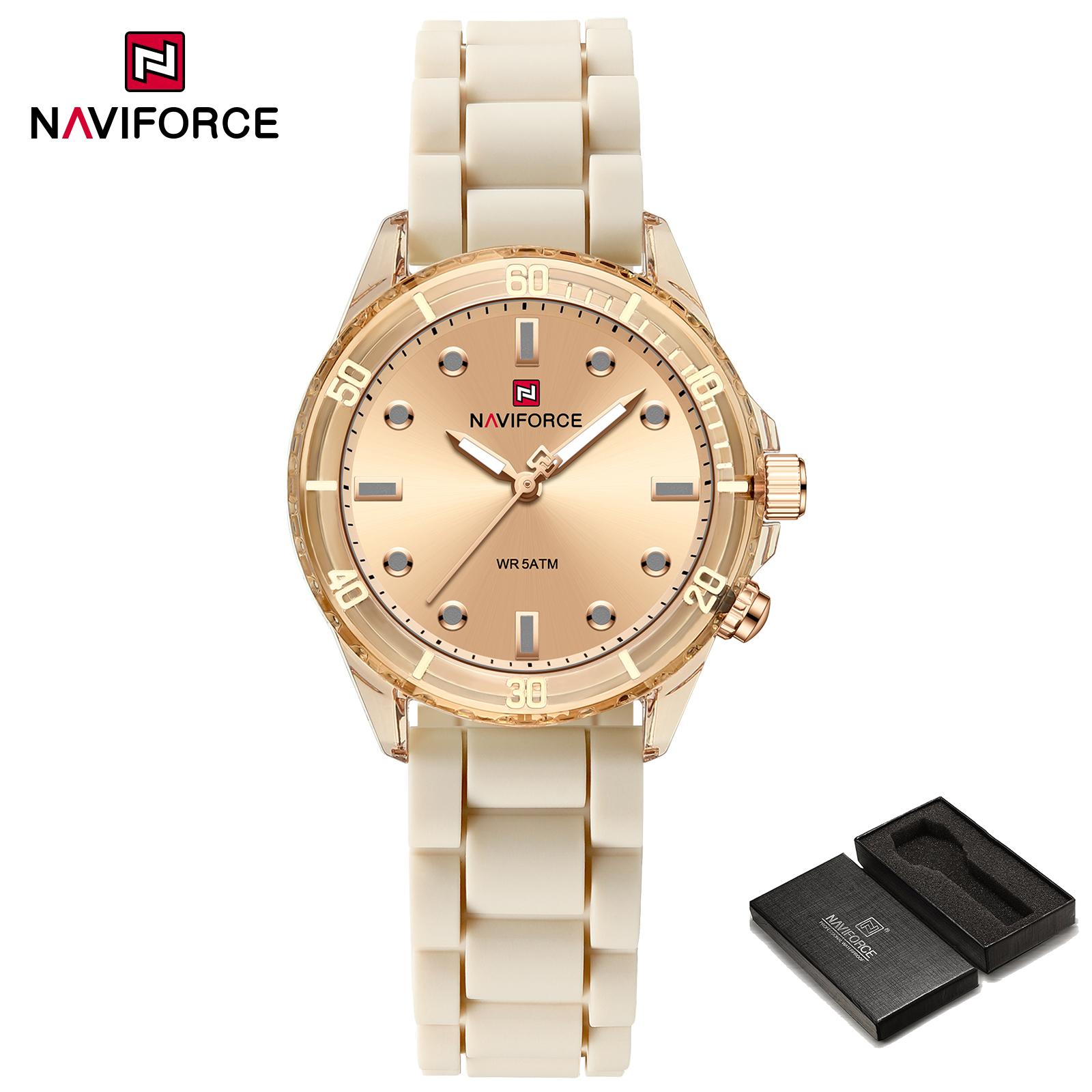 

Naviforce Женские кварцевые часы с силиконовым ремешком, водонепроницаемые, светящиеся, легкие, модные, повседневные, женские часы NF7115 бежевый
