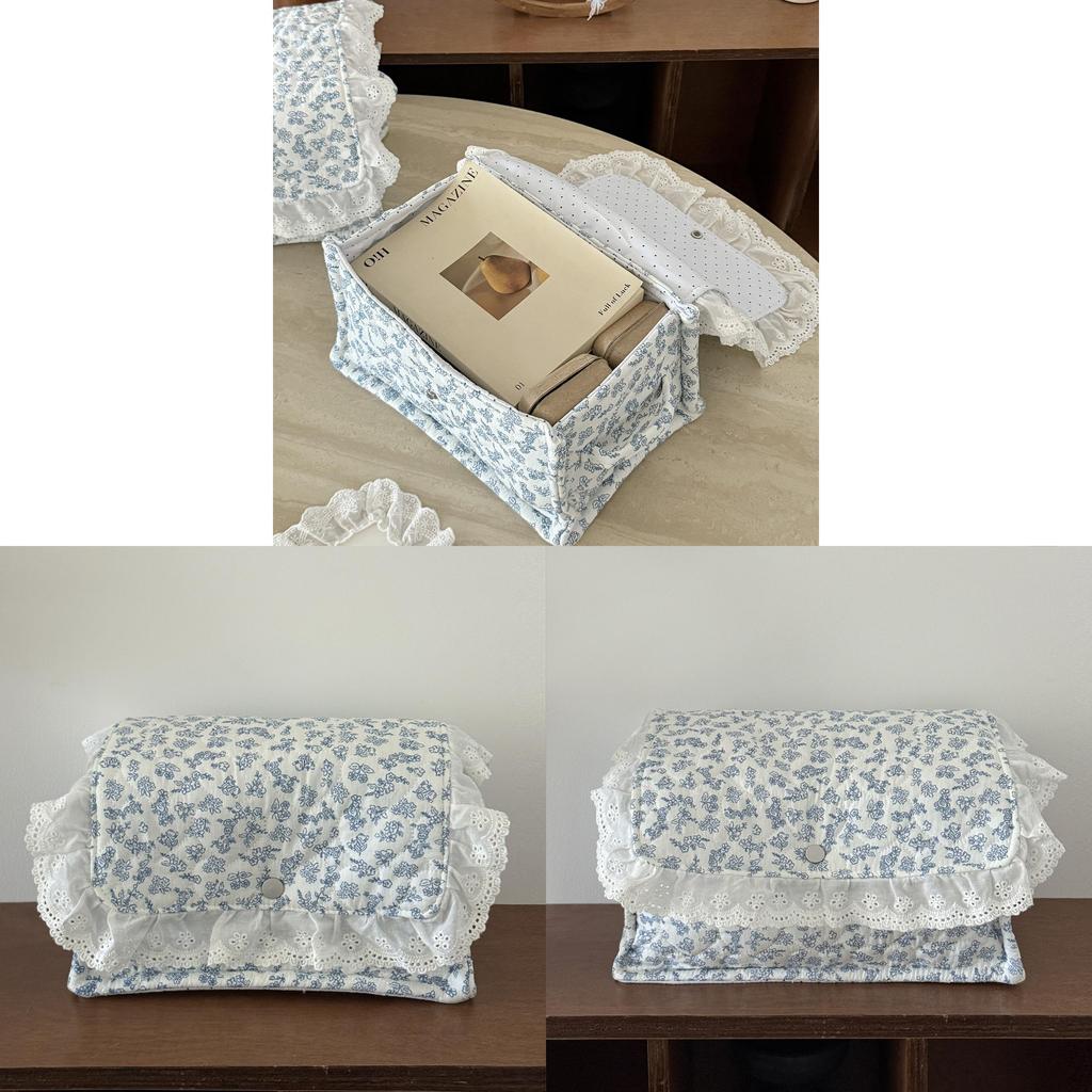 Blue Floral Storage Basket With Magnetic Lid For Bedroom And Desk Organization