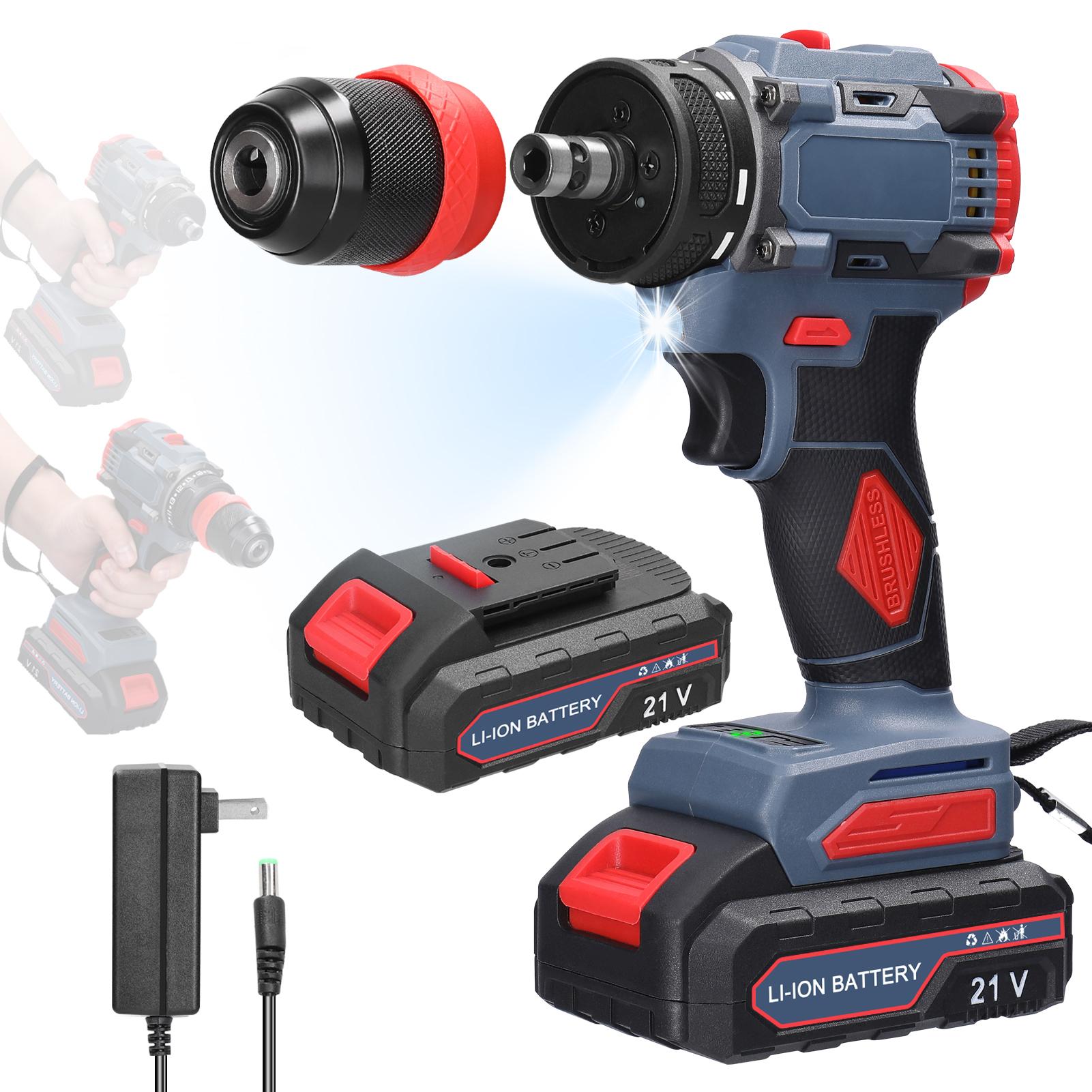 

21 В 2 в 1 литиевая дрель, электрическая отвертка, многофункциональный электроинструмент, бесщеточный двигатель с крутящим моментом 55 Нм 2pcs batteries US Plug разноцветный