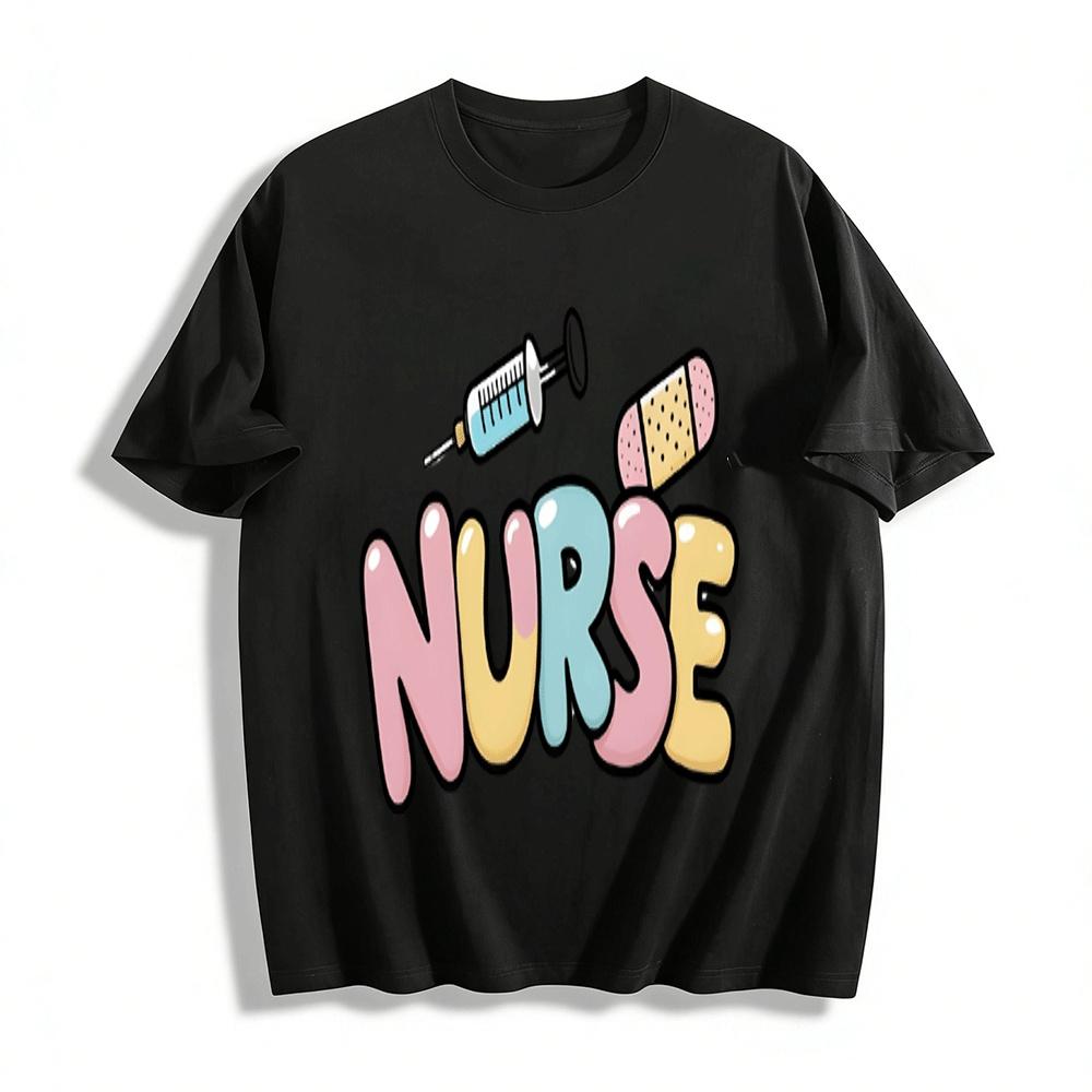 Cute Nurse Themed Print Casual Short Sleeve T-Shirt Pure cotton T-shirt XXS