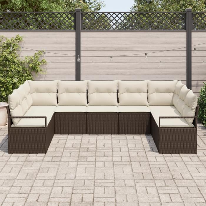 Ensemble de canapé de jardin 9 pièces vidaXL avec coussins en rotin poly brun, Canapé de jardin 2 places vidaXL346538