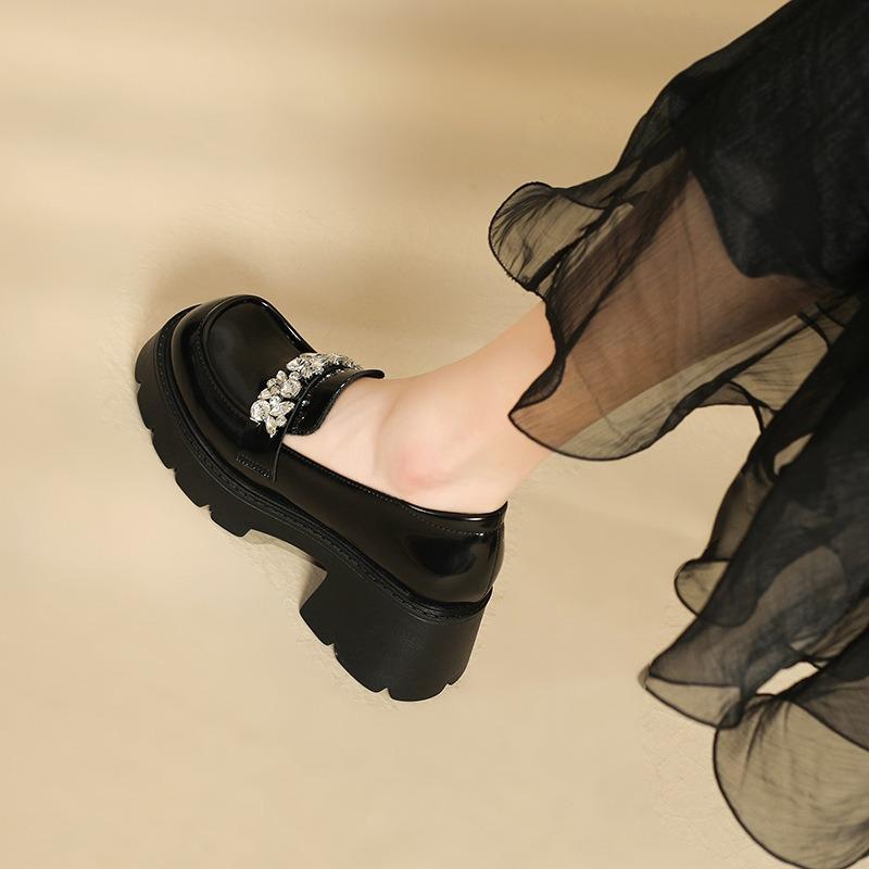 Thick-soled small leather shoes women's new retro versatile black leather square head thick heel single shoes