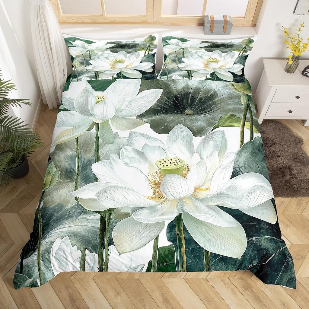 Lotus Duvet Cover, Water Lily Bedding Set, Lotus Leaf Quilt Cover, Summer Theme Print Comforter Cover For Girl Women Twin King
