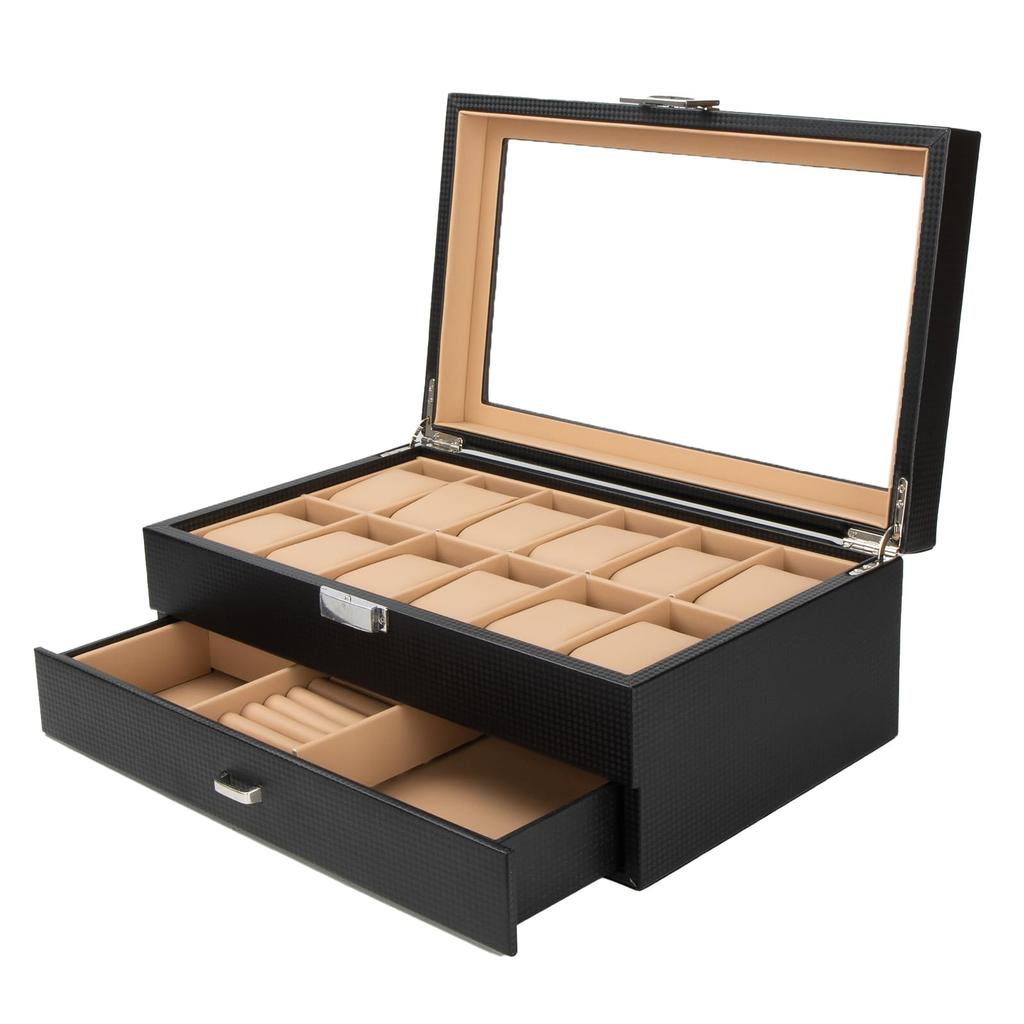 Boîte de Montre de Luxe Calife avec Verre Boîte de Rangement pour Montres et Bijoux pour et Panneau 2 Couches en PU Fibre de Carbone Noire Kaki, Marron, Boîte, Accessoires, Montres,