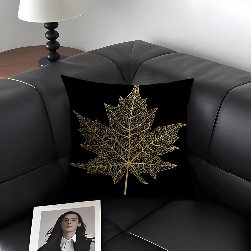 Golden Leaf Branch Pattern Cushion Cover Natural Linen Organic Fabric DoubleSided Printing Sofa Home Decor Gift Pillow Case