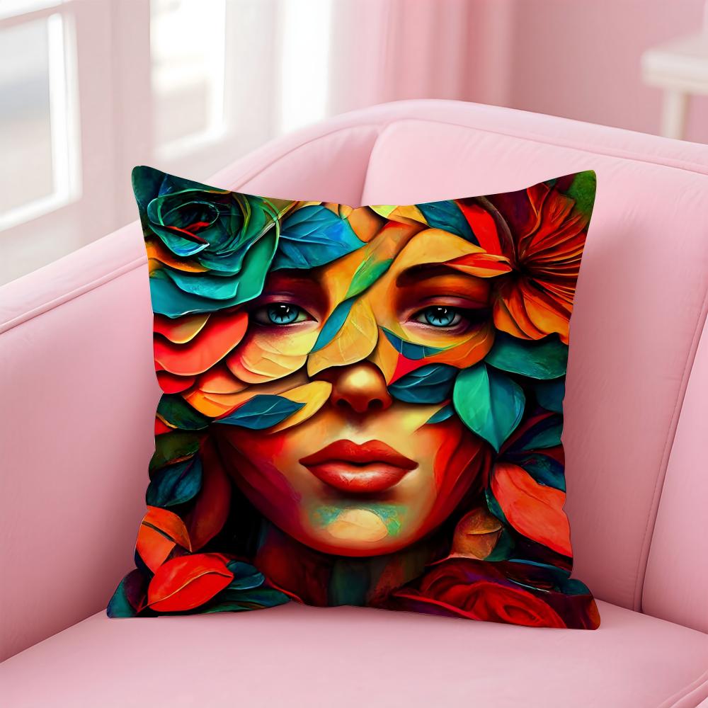 Square Bright Color Flower Girl Cushion Cover Pillow Case Soft Skin Friendly Fabric  Concealed Zipper