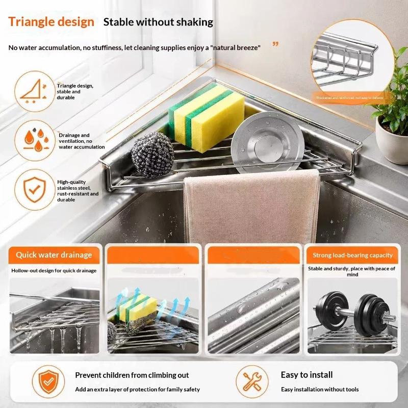 Triangle Stainless Steel Sink Drain Rack Load Bearing Large Capacity Drainable Kitchen Caddy for Sink Corner Organization