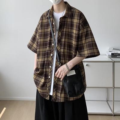 Plaid Short-sleeved Shirt Men's Summer Japanese Retro Loose Casual Five-point Sleeve Shirt Jacket