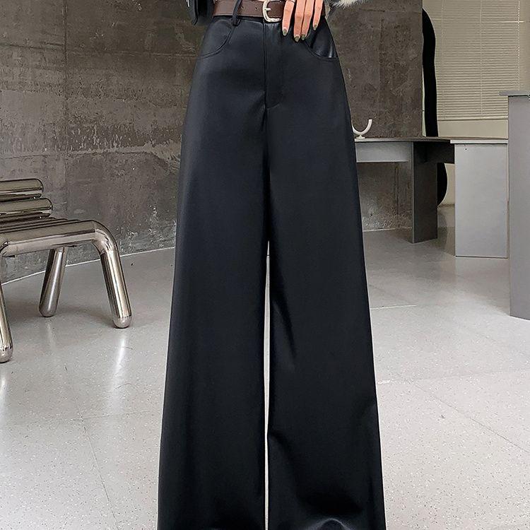 2026 Retro High Waist Leather Wide-Leg Trousers S for 45-50 kg
