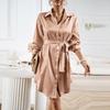 Elegant Women Long Sleeve Lace Up Dress Single Breasted Lapel Neck Autumn