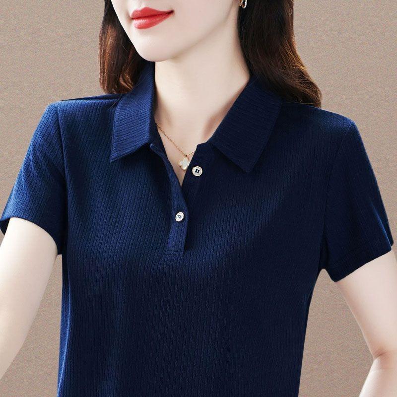 Women Pink Ribbed Lapel Button Short Sleeve Polo Top