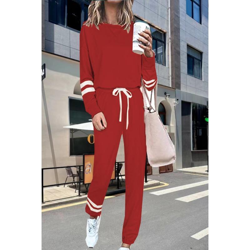 Women s Striped Cuff Long Sleeve Drawstring Loose Casual Tracksuit 2 Piece Pants Set Loungewear Outfits S красный