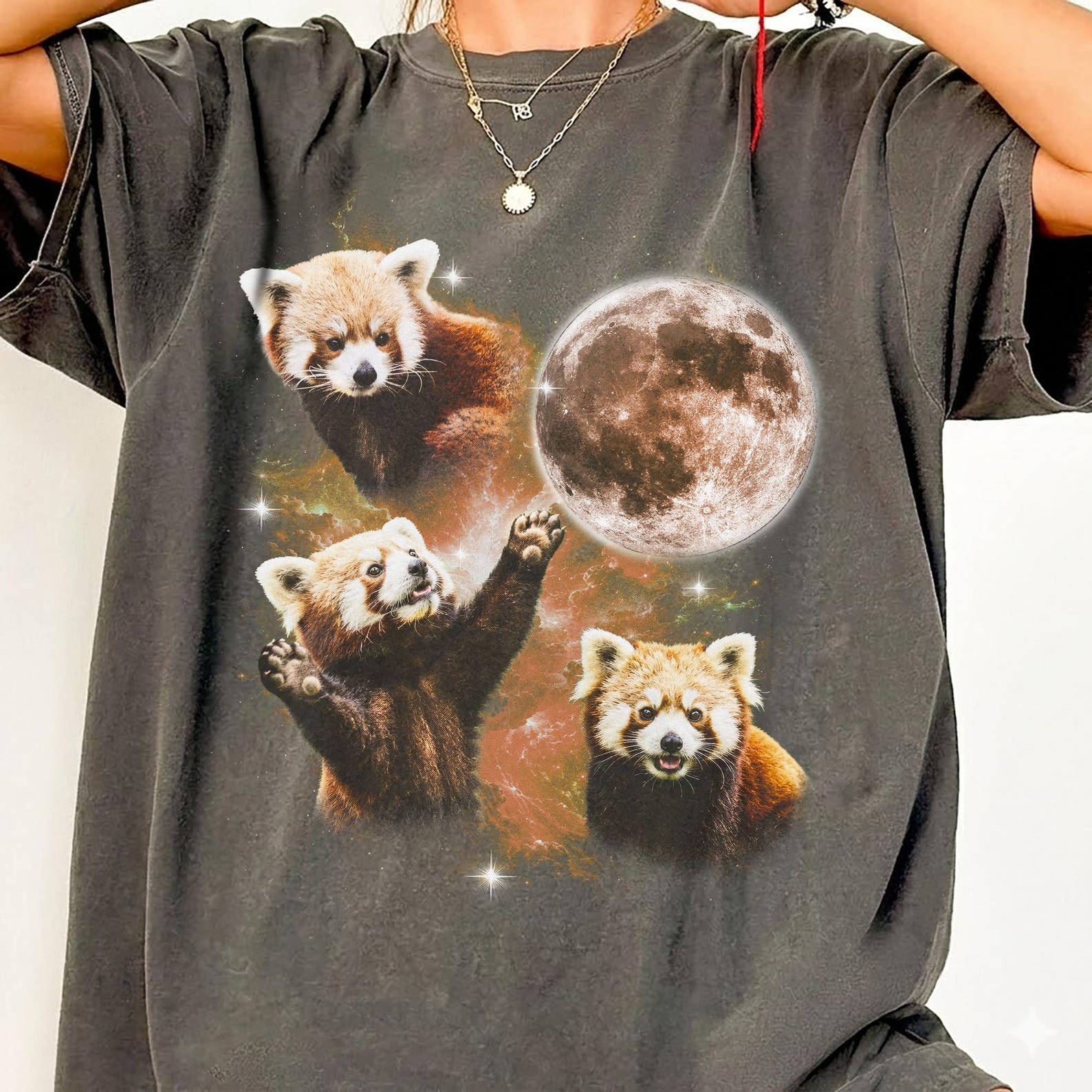 Comfort Colors Red Panda T-Shirt, Three Red Pandas Moon Graphic Tee, Red Panda Lover Shirt, Funny Animal Gift For Her, Zoo Animal Tee XL