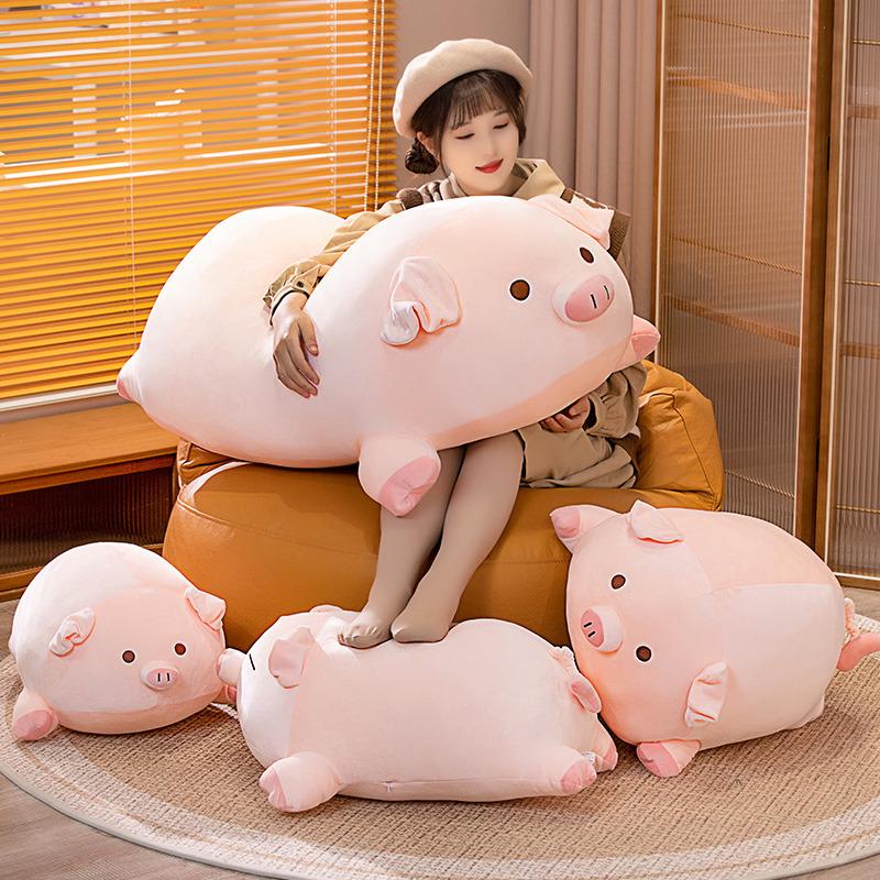 Squishy Pink Fatty Piggy Pig Doll Plush Toy Down Cotton Stuffed Eyes Closed/Open Cartoon Animal Lying Plushie Bolster Gift