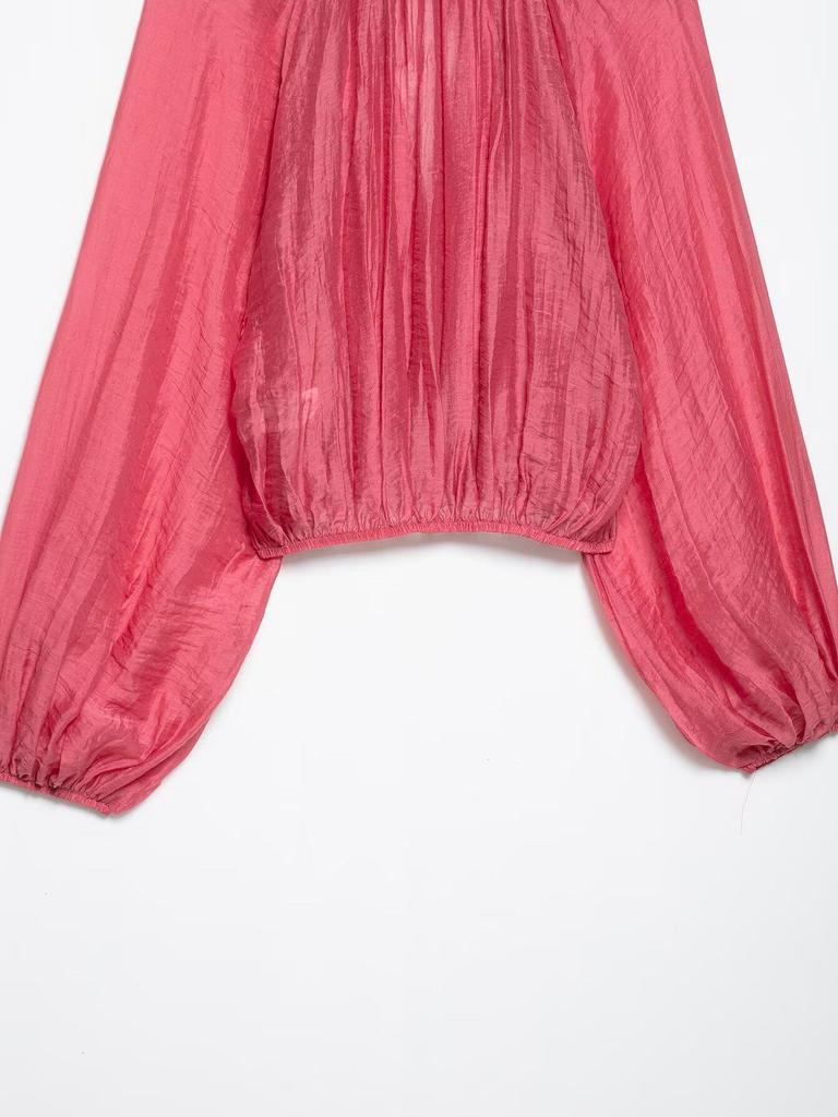 ZA Women's 2025 Spring European & American Style Crinkle Ruffle Stand Collar Short Top and Midi Skirt Set