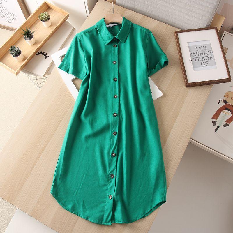 

2025 Summer New Multi-Color Selection Loose Casual Linen Blend Solid Loose Short sleeve Shirt Dress Dress Women Oasis Green 10
