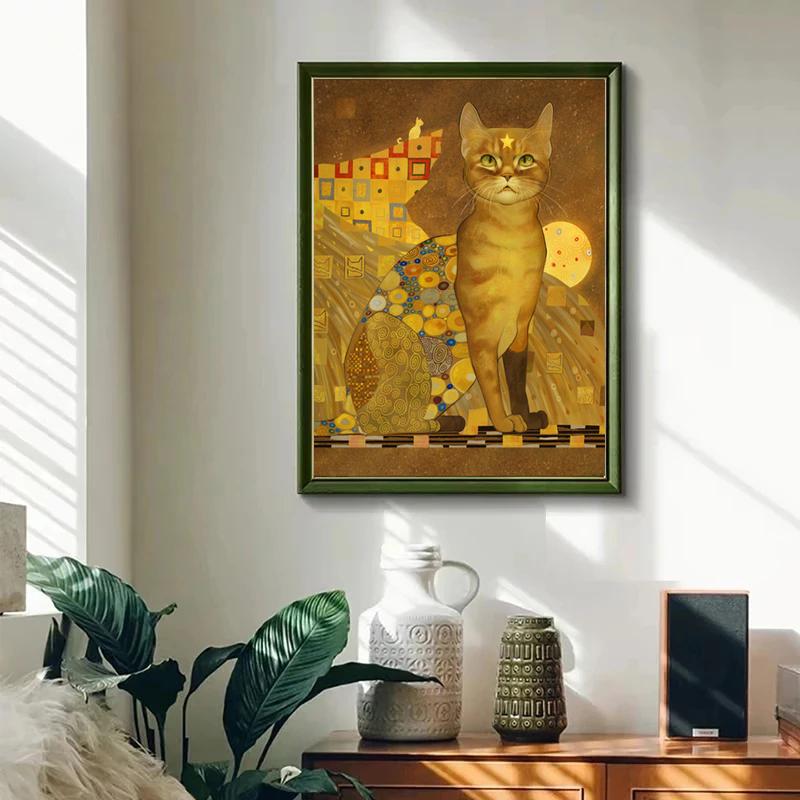 Gustav Klimt Cat Canvas Paintings Yellow Retro Animal Posters and Print Wall Art Picture for Living Room Home Decoration Cuadros