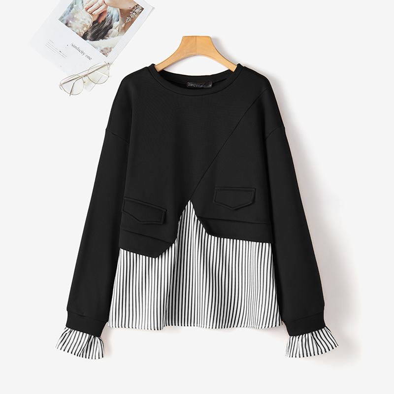 ZANZEA Women Stripe Print Splice Spring Autumn Long Sleeve Pullover Sweatshirt