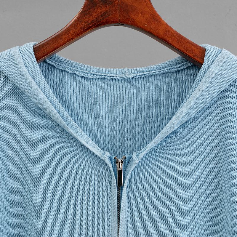 Knitted Solid Color Loose Zipper Hooded Short Sleeved Top Set Casual Wide Leg Pants Two Piece Set