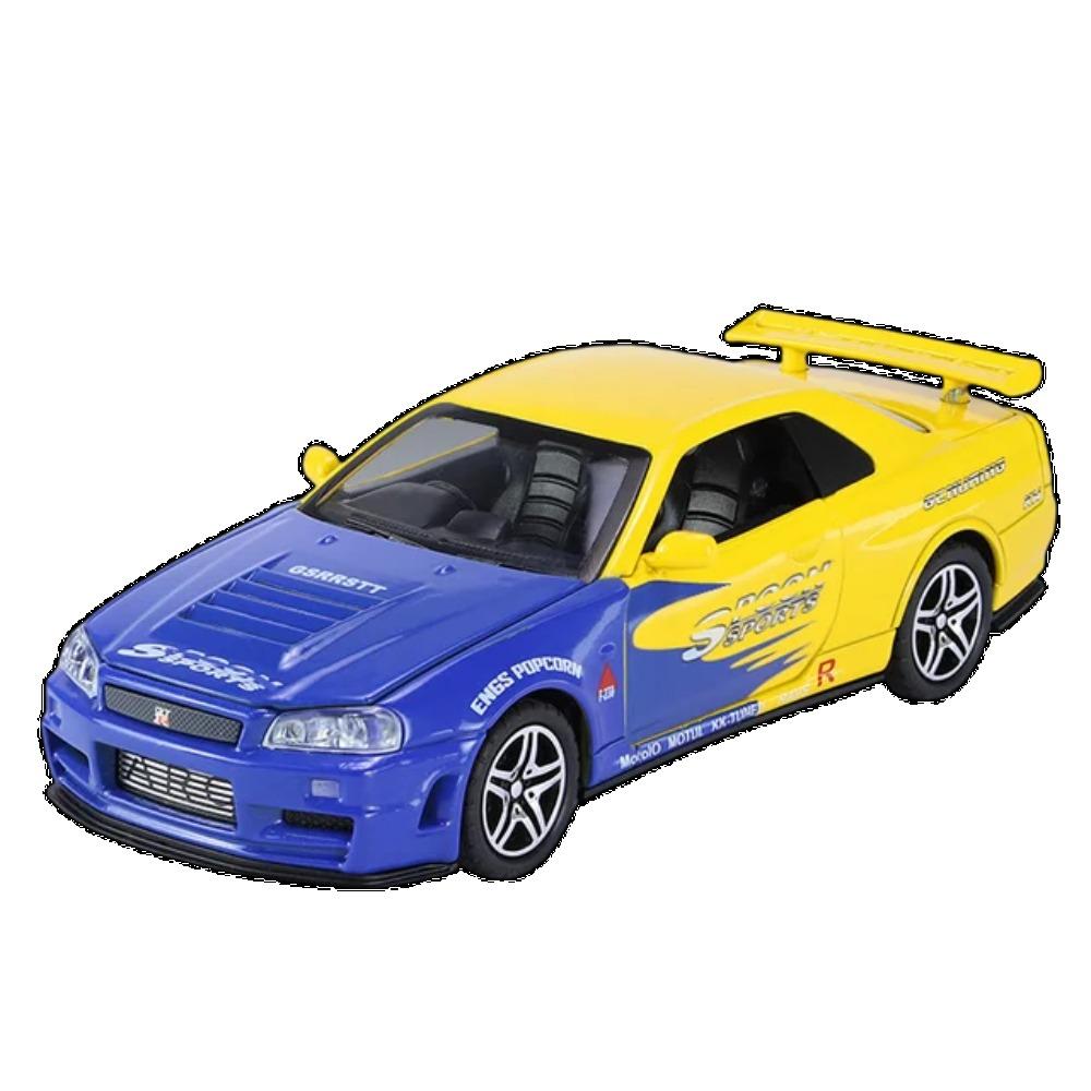 

1/32 Nissan GTR R34 SKYLINE Fast Alloy Simulation Car Model Diecasts & Toy Vehicles and Furious Cars Decoration Toy for Children жовтий/синій