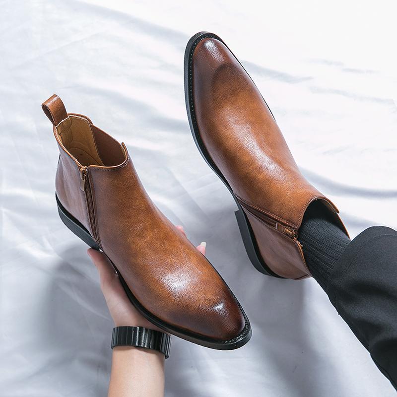 New Winter Fashion Chelsea Ankle Boots Men's Black Brown Pointed Slip On Casual Shoes Luxury Brand High-tops Zapatos Hombre