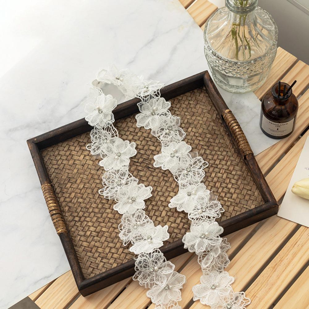 

Flower Pattern Embroidered Fabric Pearl Beads Lace Ribbon DIY Crafts Supplies Floral Trim 1yard white