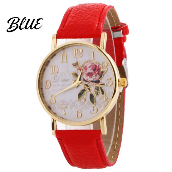 Women Arabic Number Rose Flower Round Dial Faux Leather Band Quartz Wrist Watch