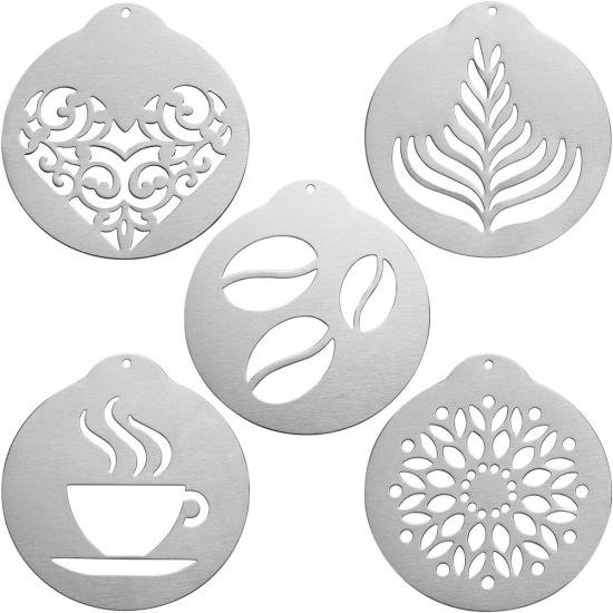 5Pcs Stainless Decorating Stencils, Metal Foam Latte Art Templates, Reble Cappuccino Chocolate Templates Coffee Garland Mould Cake Decorating Tool